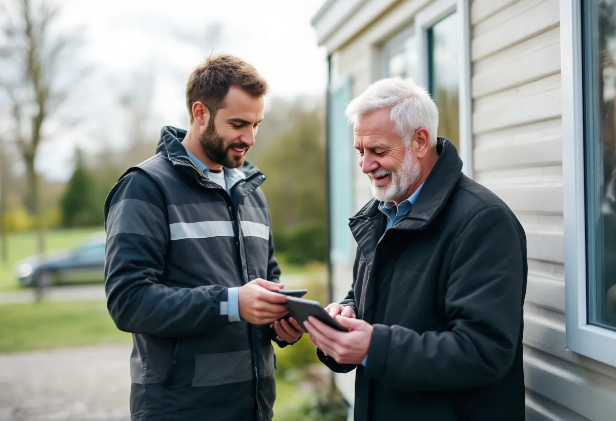 Een medewerker inspecteert een stilstaande mobilhome op een oprit terwijl de eigenaar een prijsvoorstel op een tablet bekijkt.