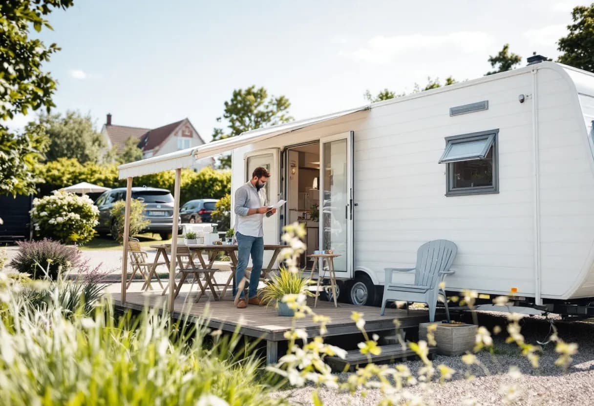 Een professionele expert inspecteert een witte mobilhome met luifel op een zonnige oprit in Vlaanderen, omringd door groen, klembord in hand, geen logo’s.