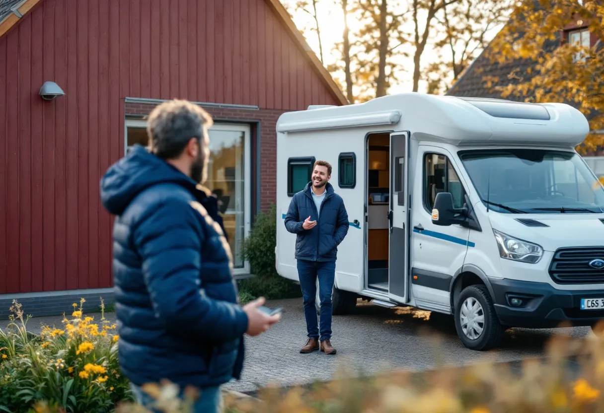 Een realistische foto van een professionele ophaling: een dieplader met een witte mobilhome staat op een klinkeroprit naast een rood bakstenen huis. De eigenaar overhandigt de contactsleutel aan de chauffeur; beiden lachen. De zon schijnt, en een border met lavendel omzoomt de oprit.