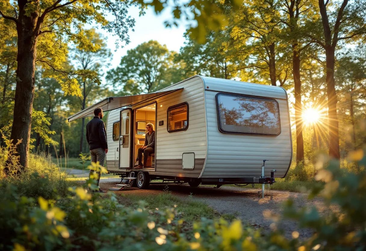Fotorealistische foto van een moderne mobilhome die op een oprit in Roeselare wordt ingeladen op een vrachtwagen, terwijl de eigenaar tevreden toekijkt en de zon door de bomen schijnt.