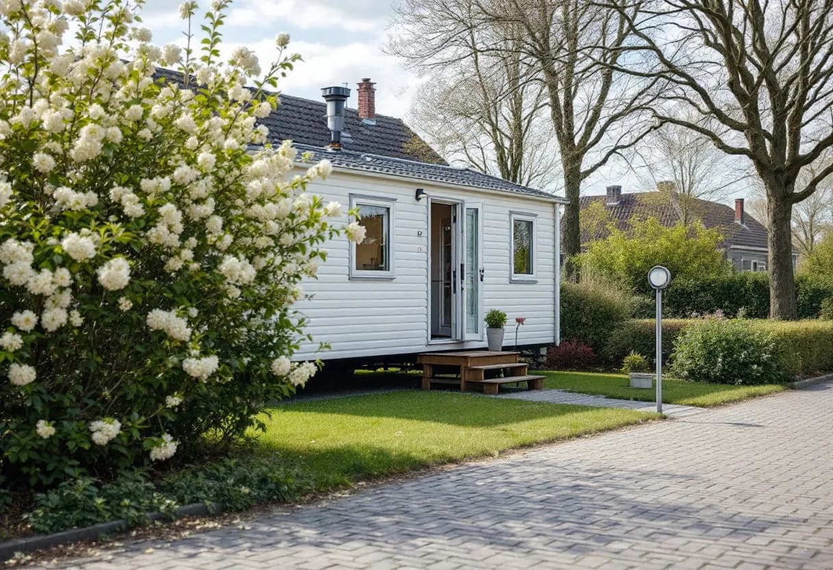 Een witte mobilhome staat op een oprit in een woonwijk in Lokeren, klaar om opgehaald te worden door een opkoper, met zicht op een groen gazon en bloeiende bomen in de lente.