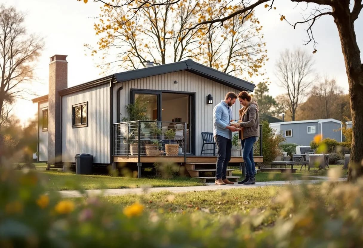 Een zilverkleurige mobilhome met panoramische ramen staat op een oprit in Dendermonde, terwijl een vrolijk echtpaar de sleutels overhandigt aan een opkoper, op een heldere lentedag.