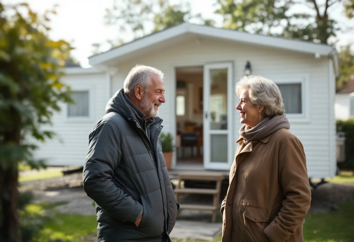 Een klassieke witte mobilhome staat op een oprit in een typisch Ninovese woonwijk, met de eigenaar die de sleutels overhandigt aan een vriendelijke expert, op een zonnige dag.