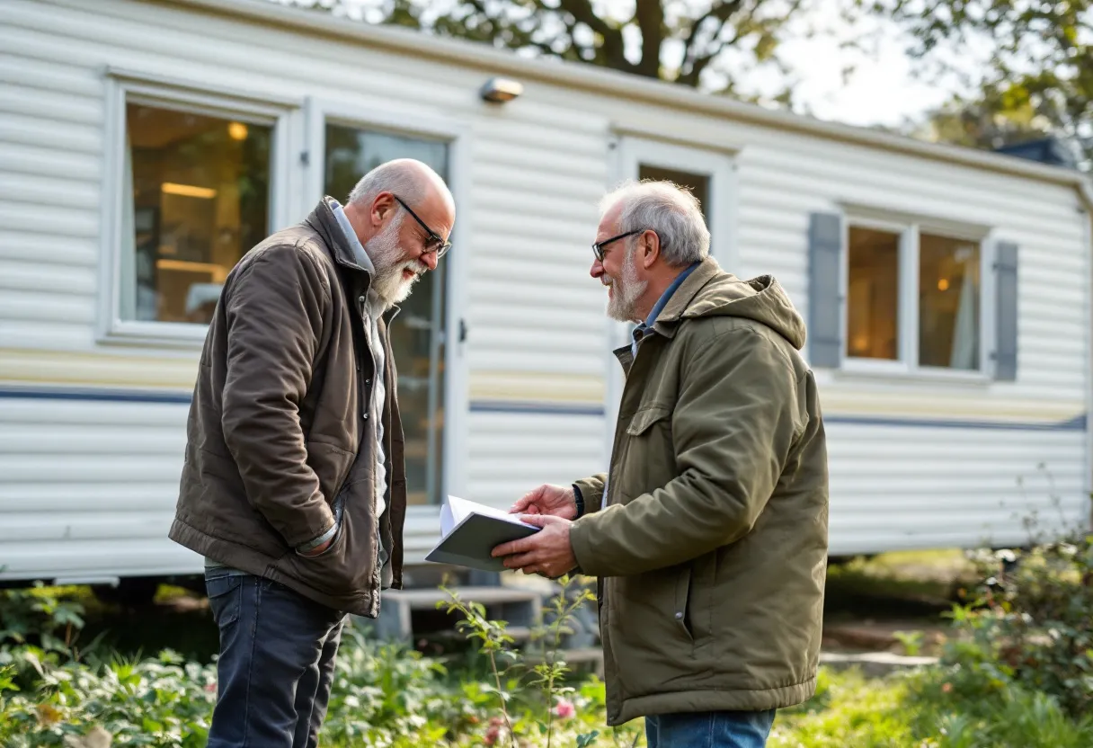 Een glimlachende man overhandigt voor zijn huis in Tongeren de sleutels van een witte mobilhome aan een professionele opkoper, terwijl een bestelwagen met aanhanger klaarstaat om de mobilhome gratis op te halen.