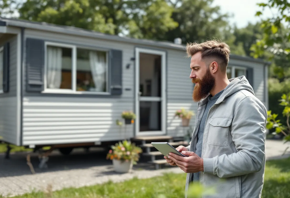 Een zilverkleurige mobilhome staat op een oprit in een groene woonwijk in Diest, terwijl een opkoper met een tablet een inspectie uitvoert bij zonnig weer.