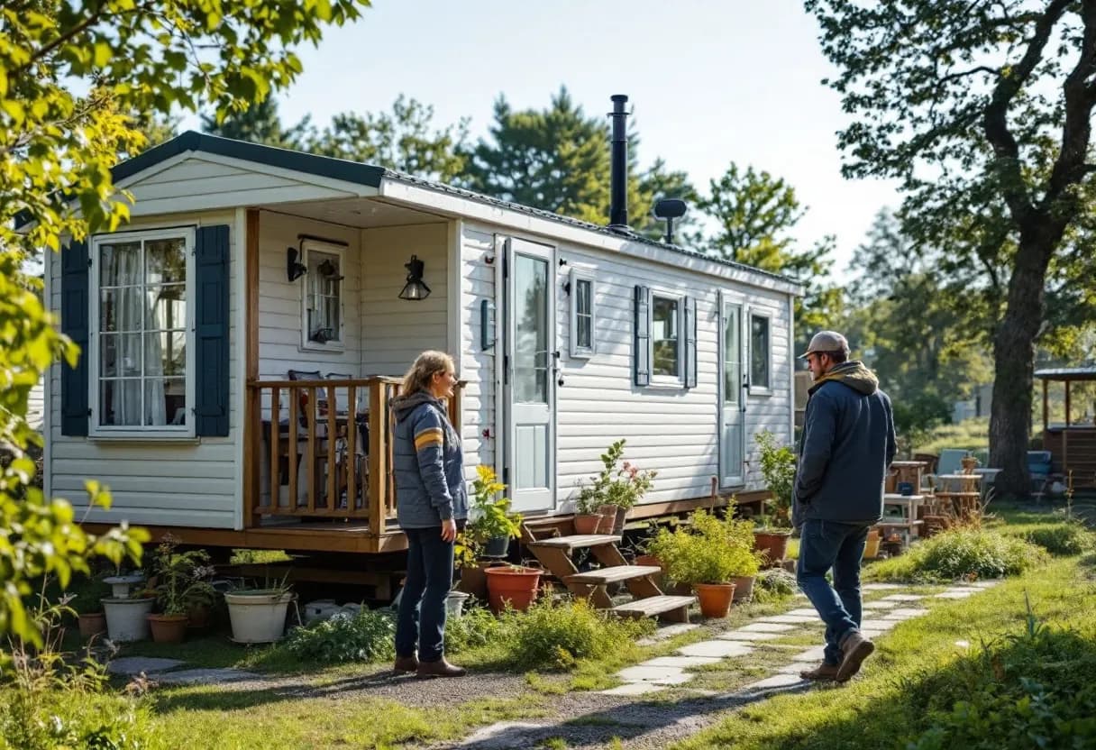 Een gedetailleerde foto van een middelgrote, wat oudere mobilhome met lichte deuken en roestplekken staat op een oprit, terwijl een vriendelijke expert in heldere werkkleding de staat inspecteert onder een bewolkte hemel.