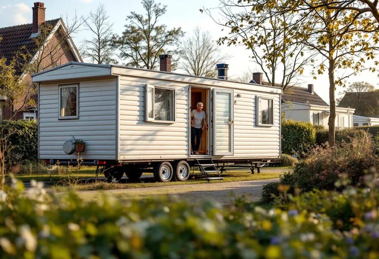 Een fotorealistische foto van een takelwagen die een wat oudere maar nette mobilhome oplaadt van een oprit in een Vlaamse woonwijk, terwijl de eigenaar tevreden toekijkt.