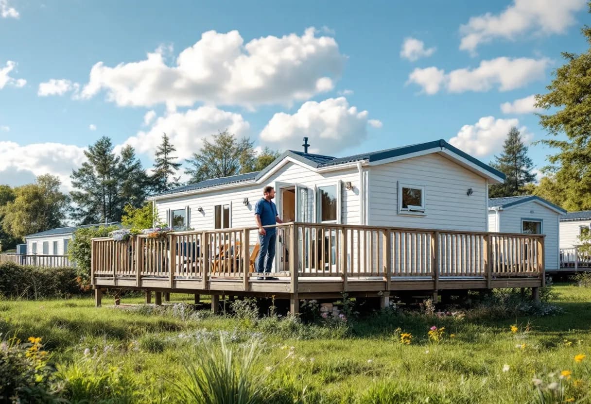 Een fotorealistische foto van een mobilhome op een oprit in Sint-Niklaas, terwijl een medewerker van het opkoopbedrijf de staat inspecteert, met een heldere blauwe lucht en bomen op de achtergrond.