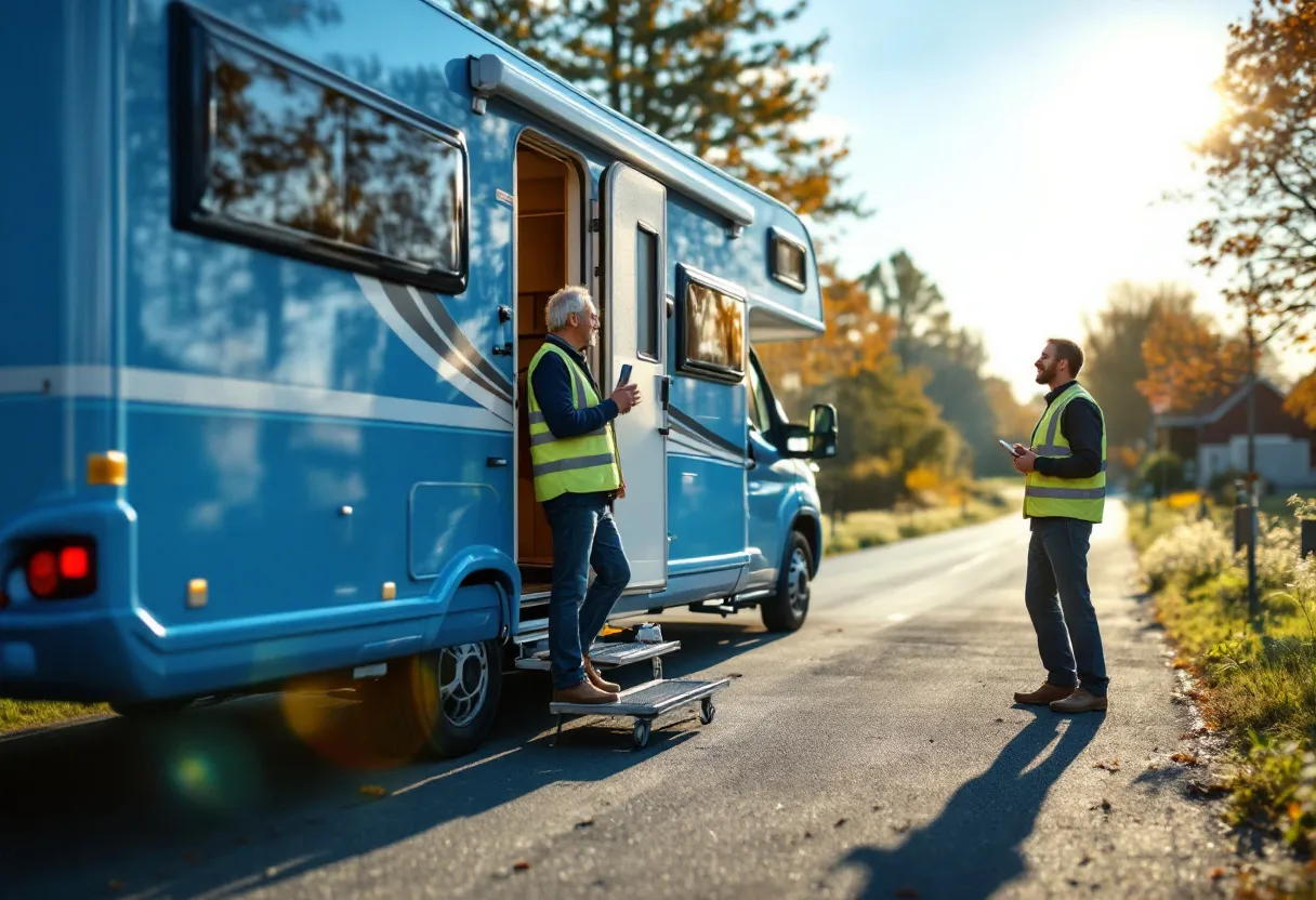 Een fotorealistisch tafereel van een blauwe mobilhome die door een oplegger van Imex Cars op een zonnige oprit in Vlaanderen wordt opgeladen, met een tevreden oudere man die toekijkt terwijl een medewerker de laatste controles uitvoert